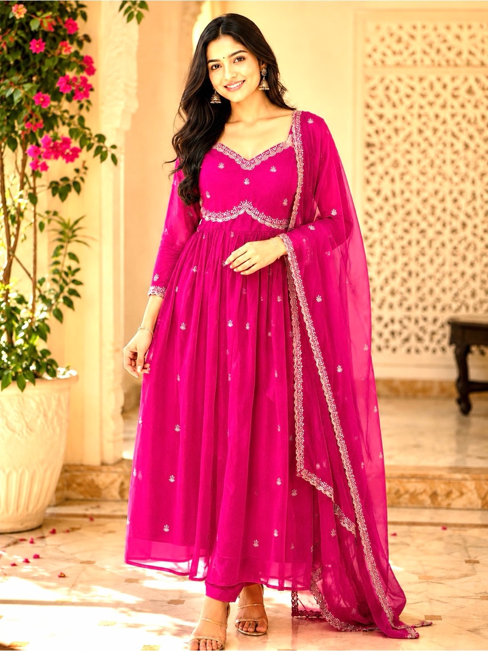 Women’s Indian Bollywood Fuchsia Anarkali Salwar with Dupatta Size- M 38”